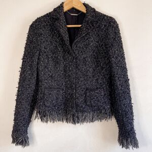 Elie Tahari Tweed Wool Fringe Hem Blazer Size S